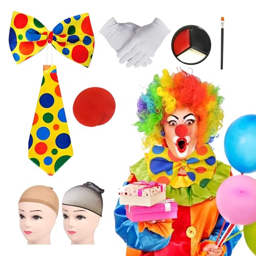 YKHSUAOU 9 Stück Clown Kostüm Set, Clown Kostüm Accessoire, Clown Perücke, Clown Krawatte, Clownschleife, Clown Nase und Handschuhe, Clown Kostümzubehör, Zirkus Requisiten, Karneval Cosplay von YKHSUAOU