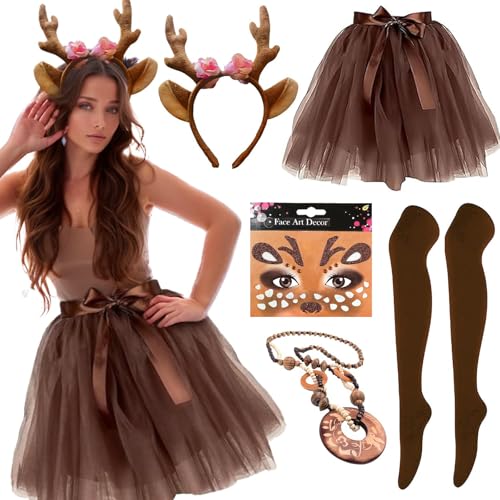 YKHSUAOU Damen Geweih Kostüm, Tüllrock Kaffee Tutu Rock + Geweih Haarreif + Rentier Gesicht Tattoos für Fasching Karneval Mottoparty Reh Kostüm Accessoires von YKHSUAOU