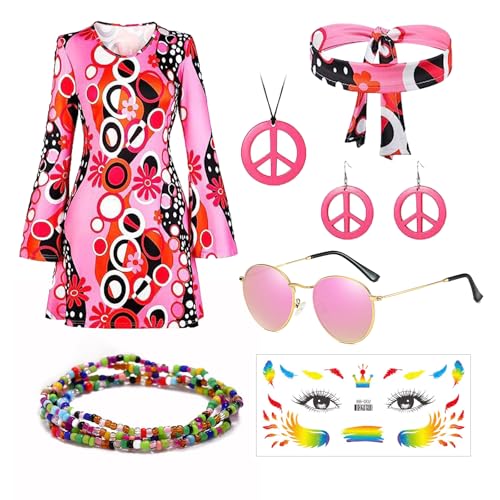 YKHSUAOU Hippie Kostüm Damen Set, Hippie Kleidung Damen, 60 er 70er Jahre Hippie Kleidung mit Stirnband Halskette Ohrringe Sonnenbrillen, Hippie Accessoires, für Karneval Disco Party Cosplay(L) von YKHSUAOU