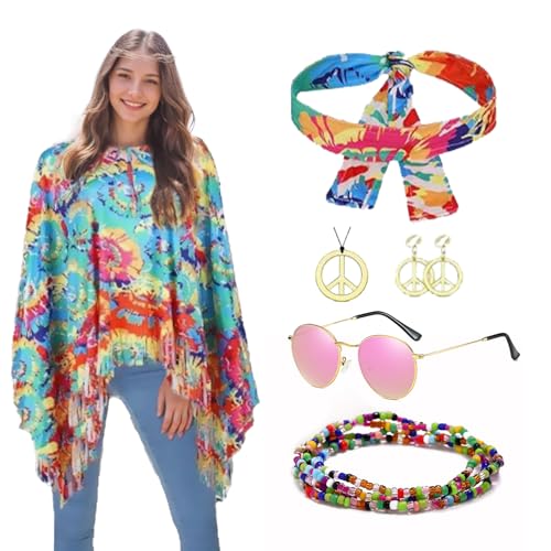 YKHSUAOU Hippie Kostüm Damen Set, 7 Stück Damen Poncho Set, 60 er 70er Jahre Hippie Kleidung mit Stirnband Halskette Ohrringe Sonnenbrillen, Hippie Accessoires, für Karneval Disco Party Cosplay von YKHSUAOU