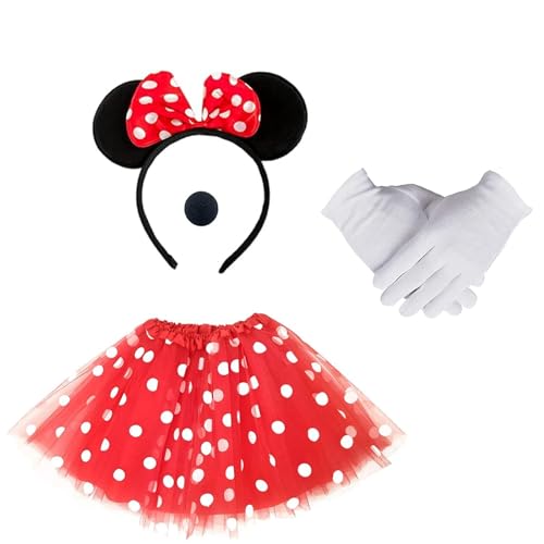 YKHSUAOU Mini Maus Kostüm Mädchen, Kostüm Mini Maus Kinder, Haarreifen mit Maus Ohren Rote Tutu Weiße Handschuhe Nase Maus Mouse Kostüm für Halloween Karneval Cosplay Party von YKHSUAOU