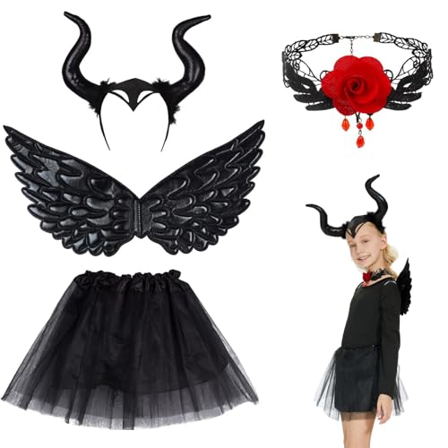 YKHSUAOU Königin Hörner Kostüm Teufel Kostüm Mädchen 4 Stück Böse Königin Cosplay Kostüm Maleficent Kostüm Zubehör für Halloween Karneval Fasching Cosplay Party (Rot) von YKHSUAOU