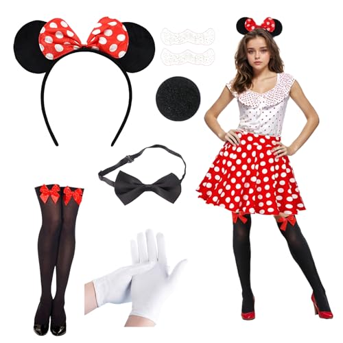 YKHSUAOU Mini Maus Kostüm Damen, Damen Maus Mouse Kostüm, Mouse Rock Damen, Rock Punkte Rot Weiß, Maus Ohren mit roter Schleife, Handschuhe, Nase, für Fasching Karneval Party(S) von YKHSUAOU