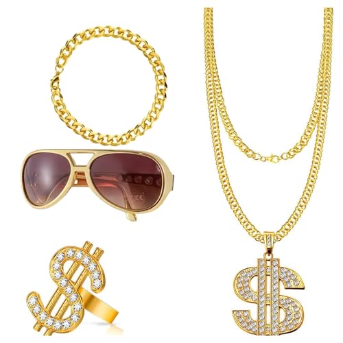 YKHSUAOU Zuhälter Kostüm Goldkette Fasching, Hip Hop Rapper Kostüm, Gangster Herren, 80er/90er Jahre Outfit Herren, Dollar Kette/Dollar Ring/Goldenes Armband für Karneval Fasching Mottoparty von YKHSUAOU