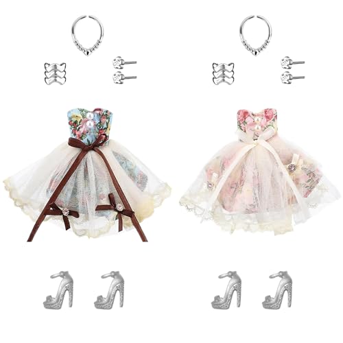 2 Stück Puppenkleidung, Puppenkleider Set mit Puppen Prinzessin Kleid High Heels Halsketten Ohrringe, Kleidung für Puppen, Puppenrock Puppenbekleidung, Puppen Rock für 12 Zoll Mädchen Puppen (A) von YLMYOLEMEI