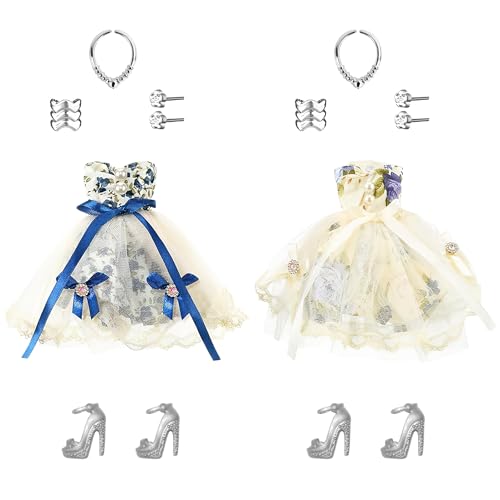 2 Stück Puppenkleidung, Puppenkleider Set mit Puppen Prinzessin Kleid High Heels Halsketten Ohrringe, Kleidung für Puppen, Puppenrock Puppenbekleidung, Puppen Rock für 12 Zoll Mädchen Puppen (B) von YLMYOLEMEI