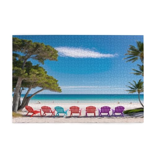 Farbige Stühle am Strand gedruckt klassisches Puzzle 1000 Teile Holz Erwachsene Kinder Puzzles Freizeitspiel für Familie Freunde Geburtstagsgeschenke von YLZAHAOS