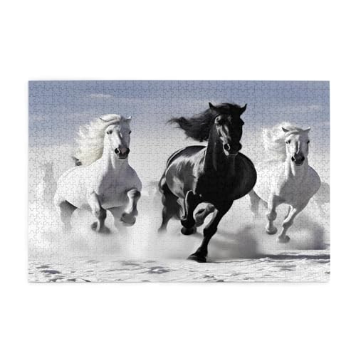 Schwarz und Weiß Pferde Laufen Gedruckt Klassisch Puzzle 1000 Stück Holz Erwachsene Kinder Puzzles Freizeit Spiel für Familie Freunde Geburtstagsgeschenke von YLZAHAOS