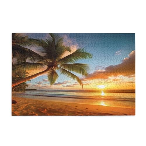 Tropischer Strand Palme Sonnenuntergang Gedruckt Klassisches Puzzle 1000 Teile Holz Erwachsene Kinder Puzzles Freizeitspiel für Familie Freunde Geburtstagsgeschenke von YLZAHAOS