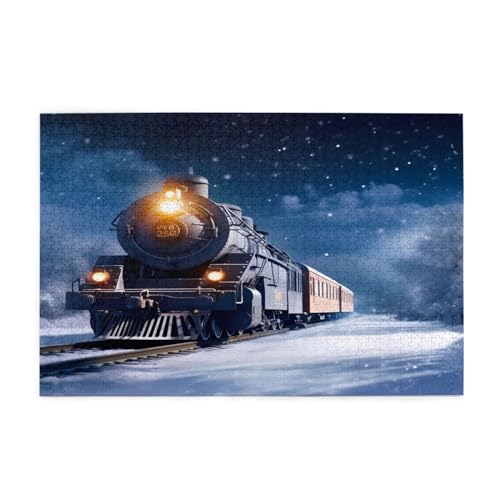 Winter Weihnachten Schnee Nacht Eisenbahn Zug Gedruckt Klassisch Puzzle 1000 Stück Holz Erwachsene Kinder Puzzles Freizeit Spiel für Familie Freunde Geburtstagsgeschenke von YLZAHAOS