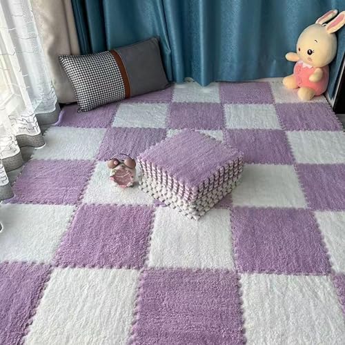 10 Stück Ineinandergreifende Schaumstoff-Teppichfliesen,30x30 cm Plüschschaum-Bodenmatte,Weiche Schaumstoff-Puzzlematte Für Schlafzimmer/Spielzimmer(Color:lila+weiß) von YMXBHN