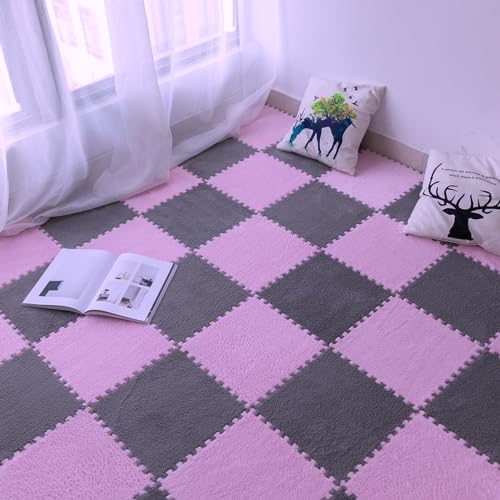 12 Stück 0,4 Zoll Dicke Quadratische Puzzle-Teppiche Aus Schaumstoff,12 X 12 Zoll Große Ineinandergreifende Plüsch Teppichfliesen,Weiche Schaumstoff-Bodenmatte Für Spielzimmer(Color:Rosa + Grau) von YMXBHN