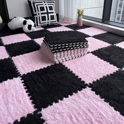 20 Fliesen 12x12 Zoll Puzzleteil-Teppich,Ineinandergreifende Bodenmatte Aus Plüschschaum,0,4 Zoll Dicker Quadratischer Schaumstoff Schutzmatten,Zum Verlegen Kleiner Flächen(Color:Schwarz + Rosa) von YMXBHN