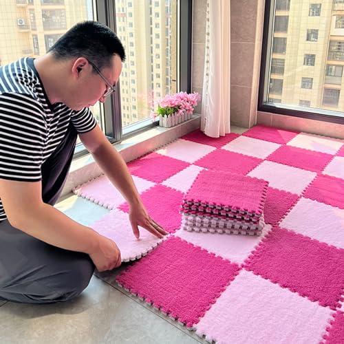 25 Stück Plüsch-Puzzle-Schaumstoff-Fußbodenmattenfliesen,Quadratische Ineinandergreifende Teppichfliesen,Flauschiger Plüsch Schützende Spielmatte Für Wohnzimmer,12X12X0,4 Zoll(Color:Rosenrot+Rosa) von YMXBHN