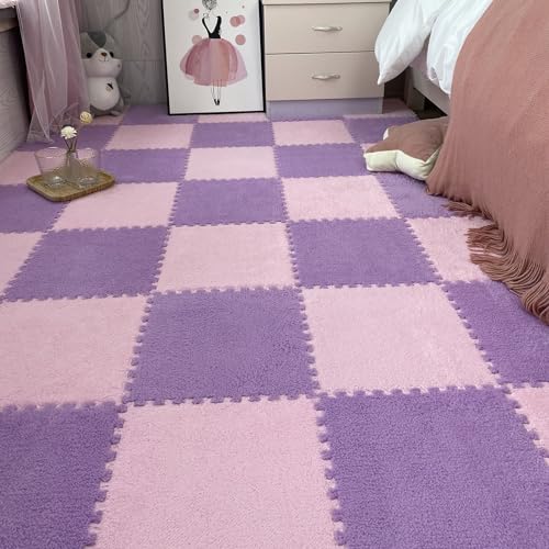 25 Stück Plüsch-Puzzle-Schaumstoff-Fußbodenmattenfliesen,Quadratische Ineinandergreifende Teppichfliesen,Flauschiger Plüsch Schützende Spielmatte Für Wohnzimmer,12X12X0,4 Zo(Color:Hellviolett + Rosa) von YMXBHN