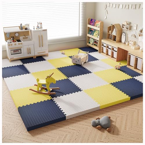 30er-Pack Ineinandergreifende Schaumstoff-Spielmatte Puzzlematten–30X30 cm Mehrfarbige Bodenmatten–Weiche Schaumstofffliesen–rutschfeste Strukturierte Matten – Farberk(Color:White+Yellow+Navy blue) von YMXBHN