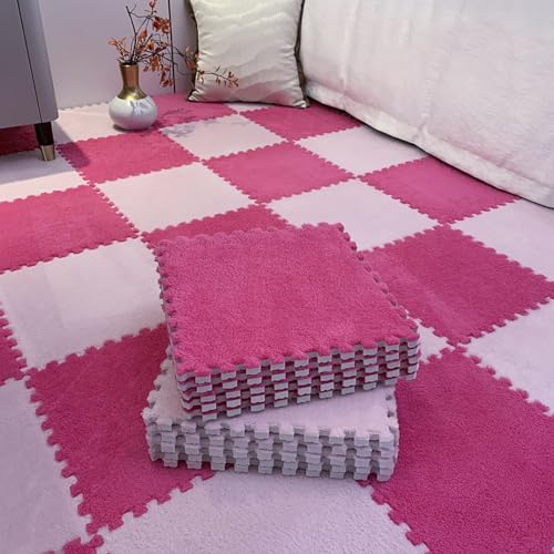 50 Stück 12 Zoll Weiche Ineinandergreifende Teppichfliesen,Plüsch-Puzzle-Schaumstoff-Bodenmatte,Flauschige Schaum-Fußmatten,Quadratische Matten Für Wohnzimmer(Color:Rosenrot+Rosa) von YMXBHN