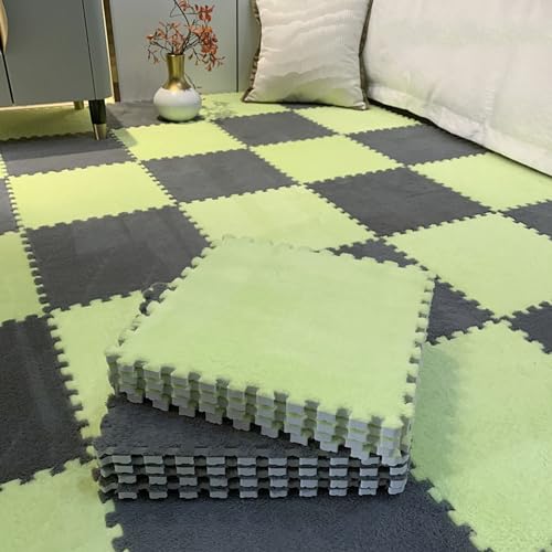 8 Stück Plüsch Teppich Fliesen,Quadratischer Interlocking Puzzleteppich,0,4" Dicke Schaumstoff-Bodenfliesen,Abnehmbare Puzzle-Schaumstoff-Bodenmatte Zum Sp(Size:60x60cm,Color:Grau+Grasgrün) von YMXBHN