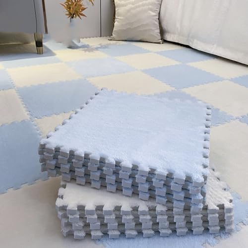 8 Stück Plüsch Teppich Fliesen,Quadratischer Interlocking Puzzleteppich,0,4" Dicke Schaumstoff-Bodenfliesen,Abnehmbare Puzzle-Schaumstoff-Bodenmatte Zum Sp(Size:60x60cm,Color:Hellblau+beige) von YMXBHN