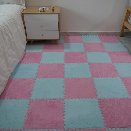 Ineinandergreifende Plüschteppichfliesen Für Die Inneneinrichtung,12 Stück 12x12 Zoll Schaumstoff-Puzzleteppich,Quadratische Bodenmatte,waschbare Spielmatte Für Boden(Color:Blau+Rosa) von YMXBHN