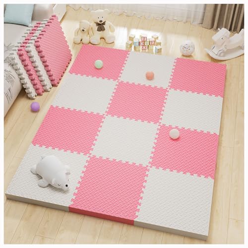 Ineinandergreifende Schaumstoff-Puzzle-Bodenmatte,32 Stück 30 cm Schaumstoff-Bodenfliesen rutschfeste Spielmatte,Quadratische Spleißschaum-Klettermatte Für Puzzle Im (Color:Weiß + Rosa) von YMXBHN