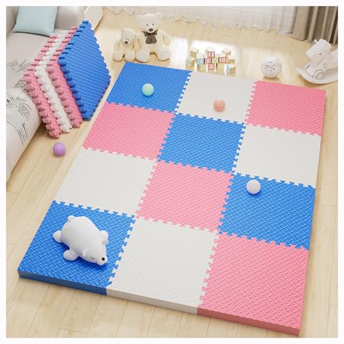 Ineinandergreifende Schaumstoff-Puzzle-Bodenmatte,32 Stück 30 cm Schaumstoff-Bodenfliesen rutschfeste Spielmatte,Quadratische Spleißschaum-Klettermatte Für Puzzle Im Kla(Color:Weiß + Blau + Rosa) von YMXBHN