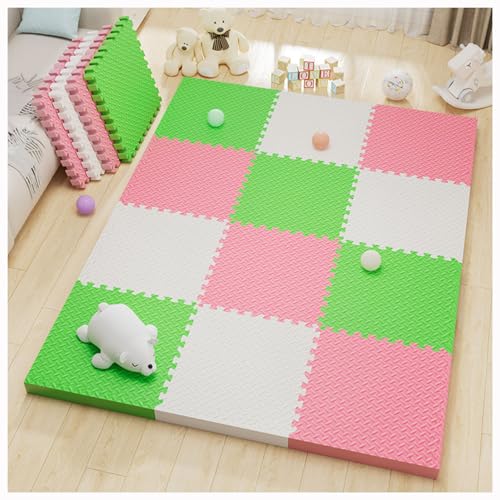 Ineinandergreifende Schaumstoff-Puzzle-Bodenmatte,32 Stück 30 cm Schaumstoff-Bodenfliesen rutschfeste Spielmatte,Quadratische Spleißschaum-Klettermatte Für Puzzle Im Kla(Color:Weiß + Rosa + Grasgrün) von YMXBHN