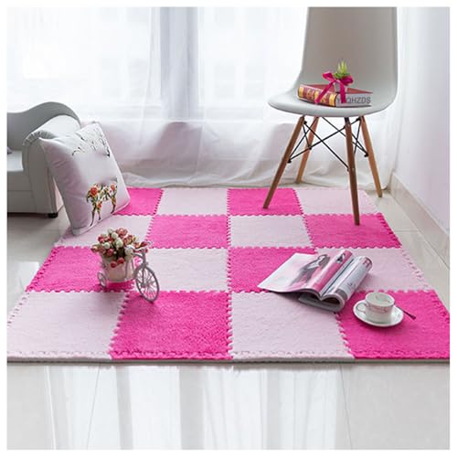 Ineinandergreifende Schaumstoff-Teppichfliesen Mit Rand,16 Stück 12X12 Zoll Große Flauschige Puzzle-Teppichquadrate,Plüsch-Puzzle-Schaumstoff-Bodenmatte,Teppichfliesen Al(Color:Rosa + Rosenrot) von YMXBHN