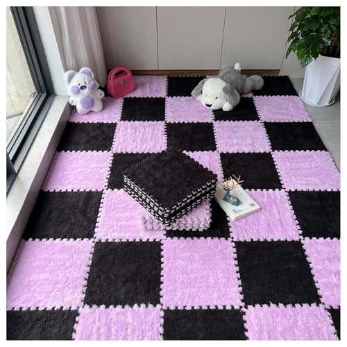 Ineinandergreifende Teppichfliesen,Weiche Eva-Schaumstoffmatten,10 Stück 30X30X1 cm Dicke Plüsch-Puzzle-Spielmatte,Schaumstofffliesen Für Den Nachttisch Im Schlafzimmer(Color:Rosa + Schwarz) von YMXBHN