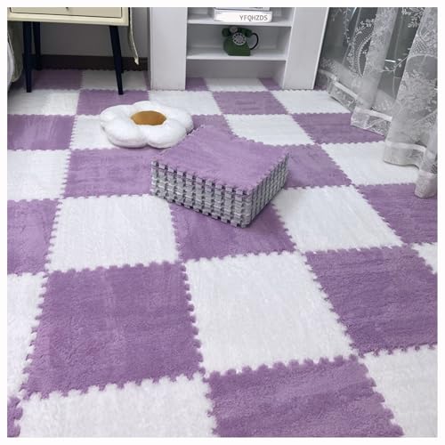 Plüsch-Ineinander Greifende Schaumstoffmatten,100 Stück 12X12X0,4 Zoll Große Quadratische Bodenmatten,Weiche Spielmatte Mit Rand,Flauschige Puzzle-Bodenfliesenkissen,96 (Color:Lila + Weiß) von YMXBHN