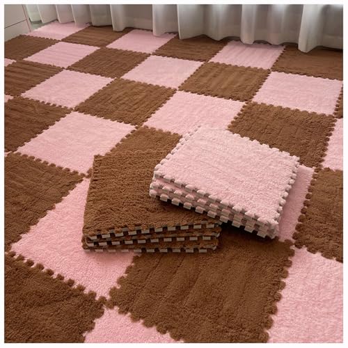 Plüsch Ineinandergreifende Schaumstoff-Bodenmatte,flauschigeTeppichfliesen Puzzlematten,30X30 cm Große Weiche Schaumstofffliesen Spielmatten Für Den Raumbereich(Size:12pcs,Color:Rosa + Braun) von YMXBHN