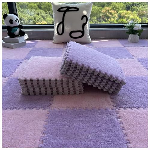 Plüsch Puzzle-Schaumstoff-Bodenmatte,Ineinandergreifender Teppich Quadratische Flauschige Schaumstofffliesen,10 Stück Schaumstoff-Spielmatte Für Wohnzimmer-Sc(Size:30x30cm,Color:Rosa + Lila) von YMXBHN