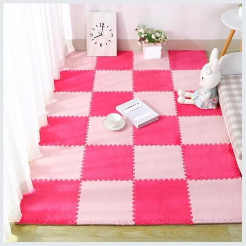 YMXBHN Plüschige Ineinandergreifende Schaumstoffmatten,16er-Packung 30X30 cm Quadratische Eva-Puzzle-Spielmatte,Flauschige Teppichefliesen,Bodenschutzmatte Für Zu Hause(Color:Rosa + Rose Rot) von YMXBHN