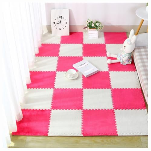 Plüschige Ineinandergreifende Schaumstoffmatten,16er-Packung 30X30 cm Quadratische Eva-Puzzle-Spielmatte,Flauschige Teppichefliesen,Bodenschutzmatte Für Zu Hause(Color:Weiß + Rosenrot) von YMXBHN