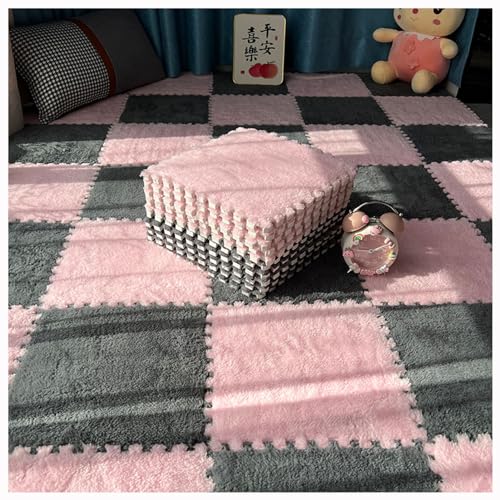 Plüschige Puzzle-Schaumstoff-Bodenmatte,20 Stück 30 cm Ineinandergreifende Bodenmatte,Quadratische Schaumstoff-Fliesen-Teppiche Für Wohnzimmer-Schlafzimmer-Dekoration(Color:Rosa + Grau) von YMXBHN