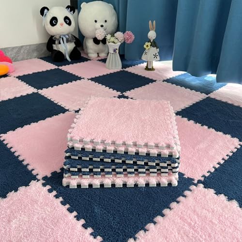 Puzzle-Spielmatte Für Den Boden,Plüsch-Fußbodenmatte Zum Ineinandergreifen,70 Stück 12X12 Zoll Quadratischer Plüsch-Teppich,Weiche Eva-Schaumstoffmattenfliesen(Color:Marineblau+Rosa) von YMXBHN