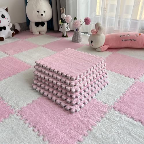 Puzzle-Spielmatte Für Den Boden,Plüsch-Fußbodenmatte Zum Ineinandergreifen,70 Stück 12X12 Zoll Quadratischer Plüsch-Teppich,Weiche Eva-Schaumstoffmattenfliesen(Color:Rosa + Weiß) von YMXBHN