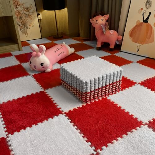 Puzzle-Spielmatte Für Den Boden,Plüsch-Fußbodenmatte Zum Ineinandergreifen,70 Stück 12X12 Zoll Quadratischer Plüsch-Teppich,Weiche Eva-Schaumstoffmattenfliesen(Color:Rot + Weiß) von YMXBHN