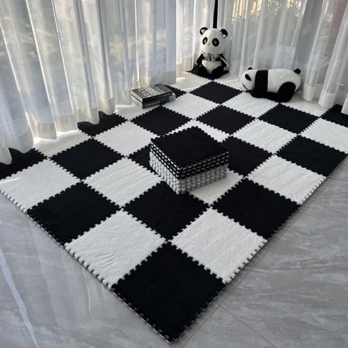 Puzzle-Spielmatte Für Den Boden,Plüsch-Fußbodenmatte Zum Ineinandergreifen,70 Stück 12X12 Zoll Quadratischer Plüsch-Teppich,Weiche Eva-Schaumstoffmattenfliesen(Color:Schwarz + Weiß) von YMXBHN