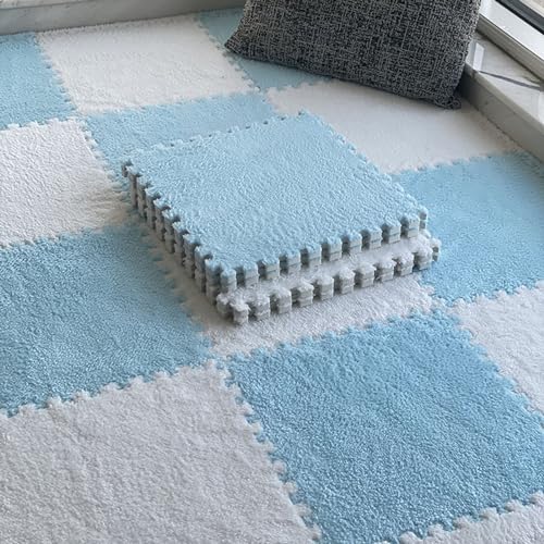 Schaumstoff-Bodenmatte–30x30cm Ineinandergreifender Quadratischer Schaumstoff-Puzzle-Teppich–Weiche Flauschige Plüsch-Bodenfliesen Mit Rand–36 Stück(Color:blau+weiß) von YMXBHN