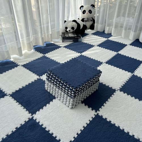 Schaumstoff-Puzzlematte, 10 Stück 12 Zoll Quadratisch Ineinandergreifende Teppichfliesen, Weiche Plüsch-Bodenmatte, Flauschige Schaumstofffliesen, Einfach Zu Sauber(Color:Marineblau+Weiß) von YMXBHN