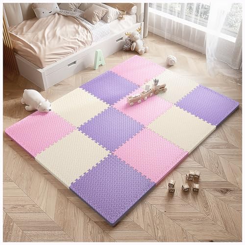 Schaumstoff-Spielmattenfliesen 30 cm Quadratische Ineinandergreifende Bodenmatte 64-teiliges Set Aus Weichen Schaumstoff-Puzzlematten, 61,44 Quadratfuß(Color:Beige + Rosa + Lila) von YMXBHN