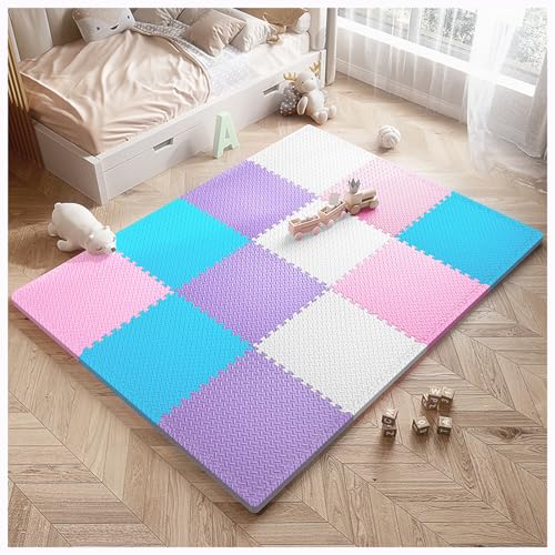 Schaumstoff-Spielmattenfliesen 30 cm Quadratische Ineinandergreifende Bodenmatte 64-teiliges Set Aus Weichen Schaumstoff-Puzzlematten, 61,44 Quadratfuß(Color:Blau + Rosa + Lila + Weiß) von YMXBHN