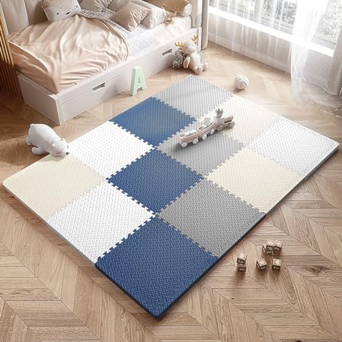 Schaumstoff-Spielmattenfliesen 30 cm Quadratische Ineinandergreifende Bodenmatte 64-teiliges Set Aus Weichen Schaumstoff-Puzzlematten, 61,44 Quadratfuß(Color:Marineblau + Grau + Beige + Weiß) von YMXBHN