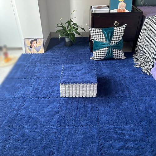 Spielmatte aus Plüschschaum 48 Stück 30x30cm ineinandergreifende Teppichquadrate abnehmbarer Flauschiger Puzzleteppich, Wohnheimdekoration(Color:Marineblau) von YMXBHN