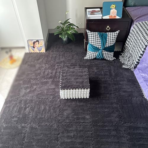 Spielmatte aus Plüschschaum 48 Stück 30x30cm ineinandergreifende Teppichquadrate abnehmbarer Flauschiger Puzzleteppich, Wohnheimdekoration(Color:Schwarz) von YMXBHN