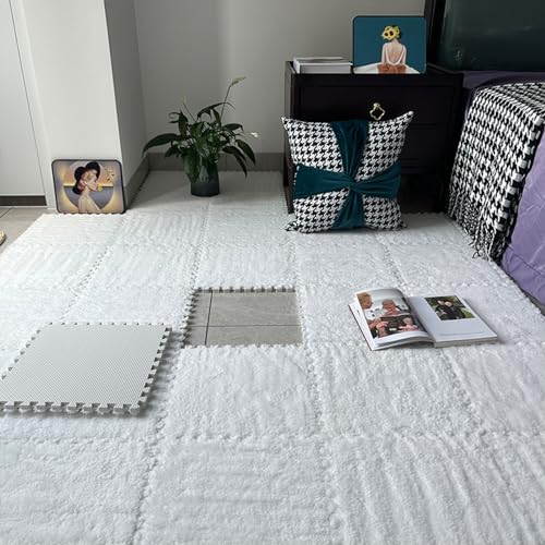 Spielmatte aus Plüschschaum 48 Stück 30x30cm ineinandergreifende Teppichquadrate abnehmbarer Flauschiger Puzzleteppich, Wohnheimdekoration(Color:Weiß) von YMXBHN