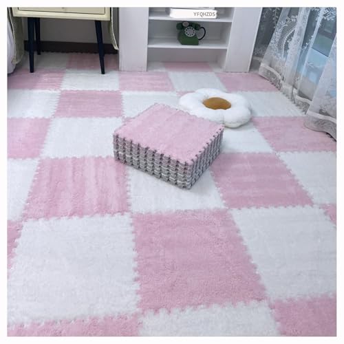 Weiche Plüsch Ineinandergreifende Fußmatten,12X12 Zoll Große Puzzle-Teppichquadrate,Flauschige Schaumstoff-Bodenfliesen Mit Rand,Spielmatten Für Die Heimdekoration,36 Stück(Color:Pink + White) von YMXBHN