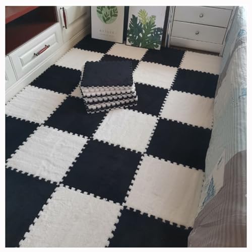 Weiche Plüschige Puzzle-Spielmatten,Ineinandergreifende Schaumstoff-Bodenmatten,Flauschige Plüschteppiche Für Schlafzimmer/Spielzimmer,10 Stück,12 X 12 Zoll(Color:Black + white) von YMXBHN