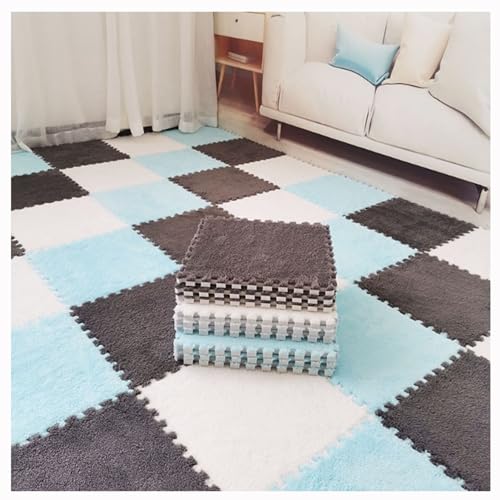Weiche Plüschige Puzzle-Spielmatten,Ineinandergreifende Schaumstoff-Bodenmatten,Flauschige Plüschteppiche Für Schlafzimmer/Spielzimmer,10 Stück,12 X 12 Zoll(Color:Weiß + Blau + Grau) von YMXBHN